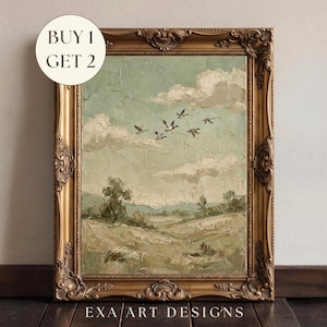 Flying Ducks Vintage Oil Painting, Mallard Ducks Landscape Wall Art, Antique Country Rustic Farmhouse Decor, Printable Digital Download