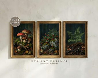 Moody Woodland Botanical Prints | Vintage Mushroom Fern Berry Wall Art Set of 3,Autumn Forest Painting Printables, Dark Cottagecore Decor