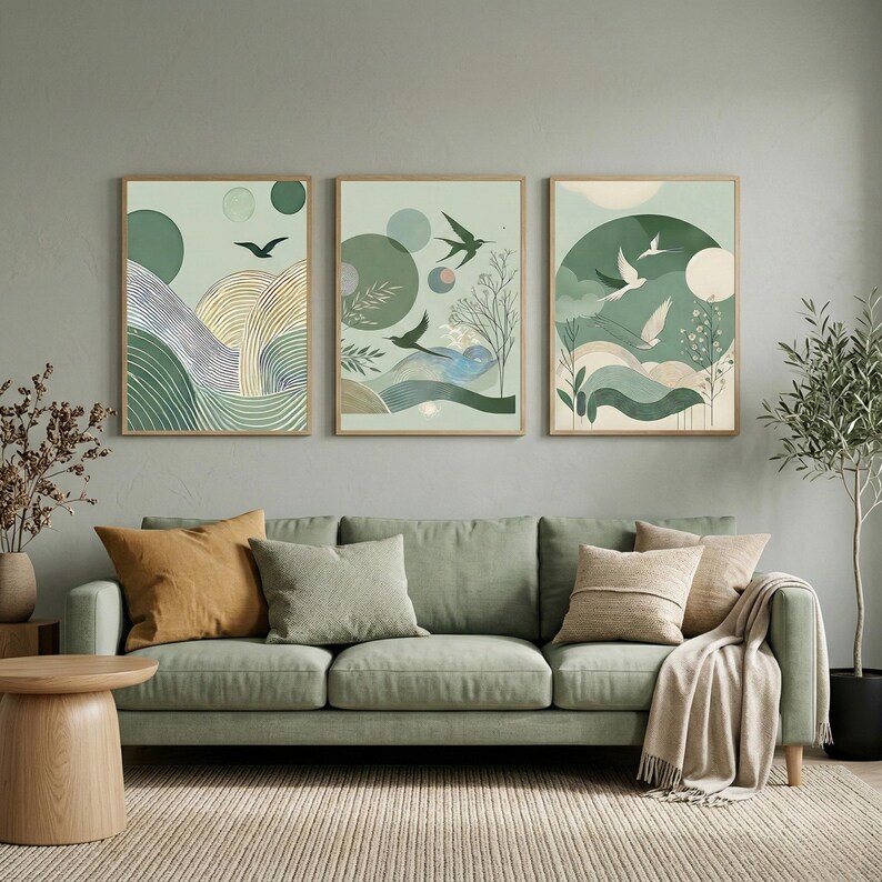 Sage Green Japandi Wall Art Set of 3 – Wabi Sabi Flying Bird Japanese ...