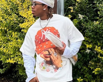 Y2K Bling Kid Tee - NY Cap & Iced Out Rings Graphic, 2000s Streetwear Style, Bold Art Oversized T-Shirt, Bad Boy with Orange Pearl Hat Tee