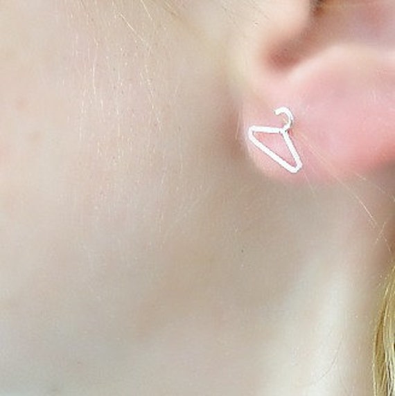 Items similar to Tiny coat hanger stud earrings, Sterling Silver dainty