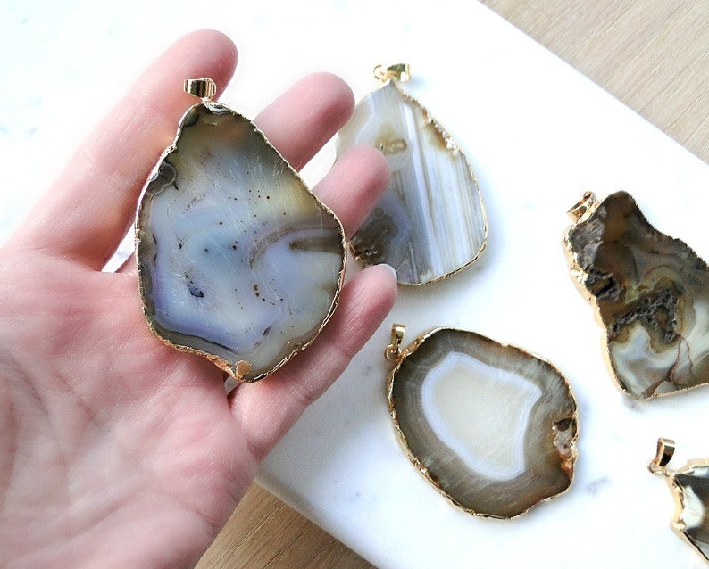 gold-dipped slice necklace Polished Agate necklace pendant raw gemstone charm