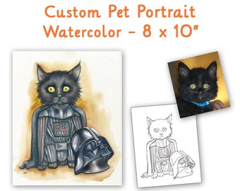 Custom watercolor cat or dog portrait as superhero or character 8 x 10"