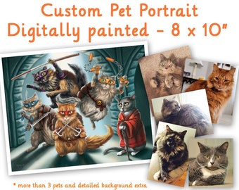 Custom painted cat or dog portrait as a character 8 x 10" archival print included