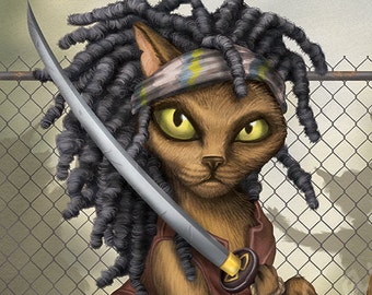 Mewchonne Cat - 8x10 art print - Mewchonne with her samurai sword and chained zombie mice companions