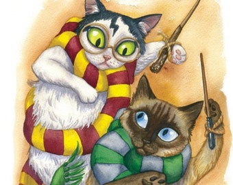 Wizard Cats - 8 x 10 art print - wizard cats are here to sprinkle a bit of magic