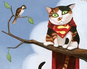 Super Cat - 8x8 art print -  Soaring through the skies and stuck in a tree.