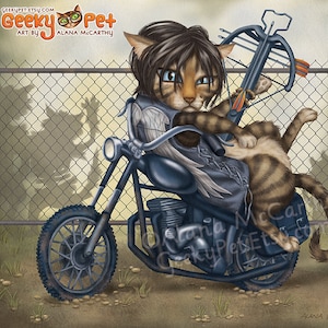 Darryl Cat 10x8 art print Darryl resting on his chopper motorcycle with his crossbow ready for zombies image 1