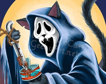 Ghost Scream Cat - 8 x 10" print of a cat holding a knife... to stab open his fave can of wet food.