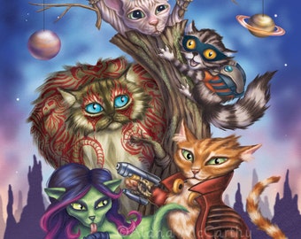 Galaxy Cats - 8x10 art print - These heroes come together in cat form to save the Galaxy!