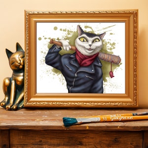 Neegan Cat 8x10 art print holding Lucille the baseball bat image 2