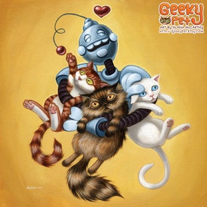 Robot Kitten Hug - 8 x 8" art print - retro robot loves hug cats tabby long hair white yellow heart