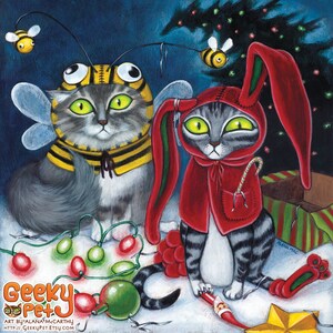 Xmas Cats 8x8 art print Two cats are not pleased about their costume Christmas gifts image 1
