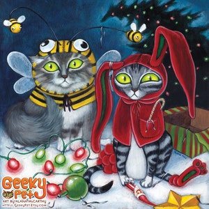 Xmas Cats - 8x8 art print - Two cats are not pleased about their costume Christmas gifts