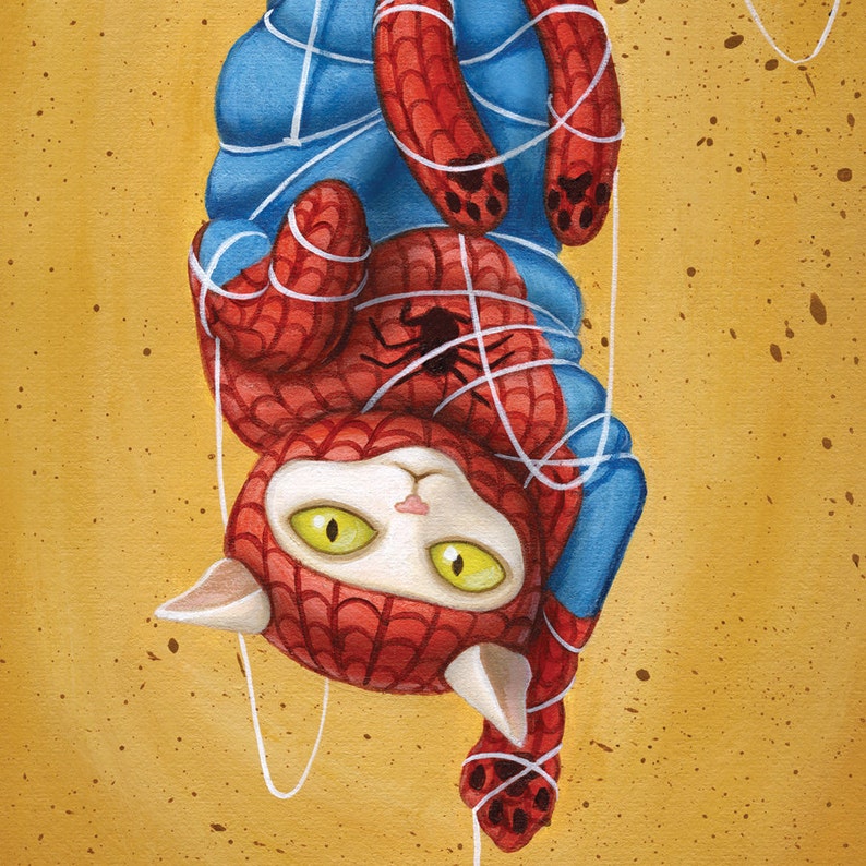 Spideycat 8 x 10 art print cat hanging from web yellow ochre white kitty cat toy image 3