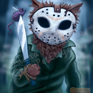 Jason Cat - 8 x 10 art print - this horror star has come back to life as a kitty