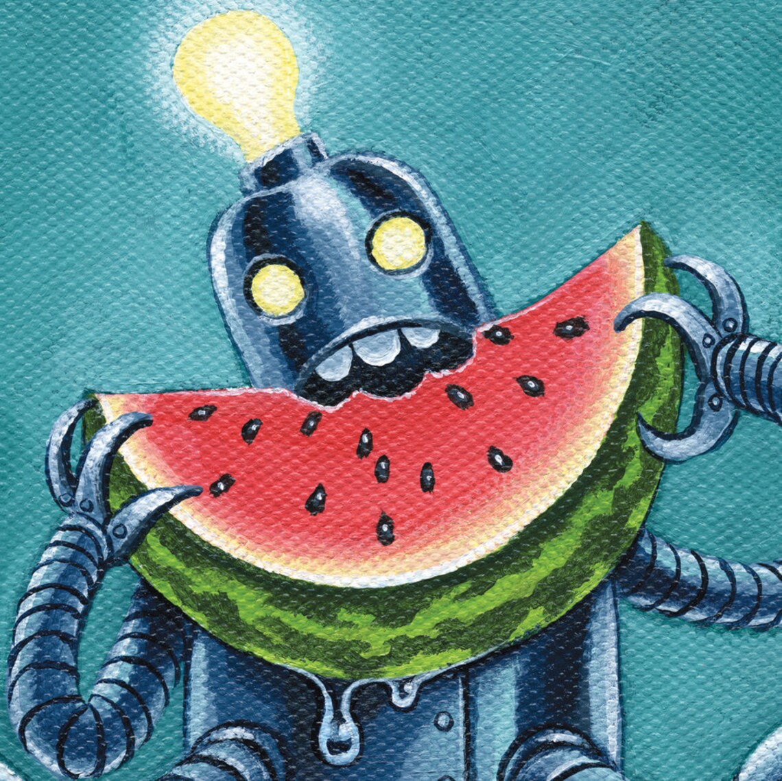 Robowatermelon 8 x 8 art print funky retro robot eating Etsy