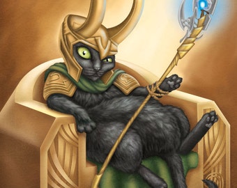 Dios de las travesuras, gato: impresión artística de 8 x 10: el dios tramposo sentado en su trono.