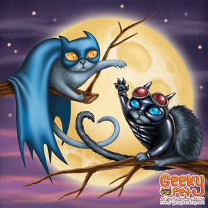 Superhero kitties 8x8 art print Superheroes having a love hate relationship in front of a full moon image 1