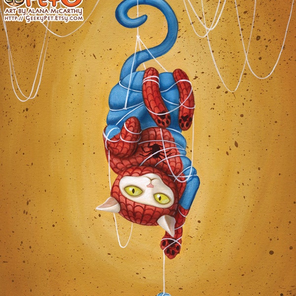 Spideycat - 8 x 10 art print - cat hanging from web yellow ochre white kitty cat toy