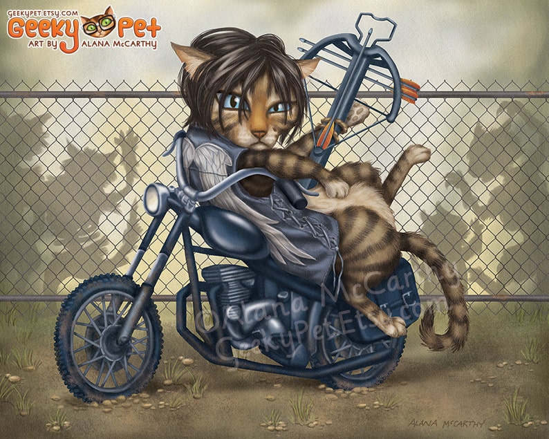 Darryl Cat 10x8 art print Darryl resting on his chopper motorcycle with his crossbow ready for zombies image 1