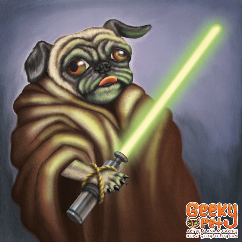 Jedi Pug 8x8 art print beige pug dog dressed up like yoda Etsy