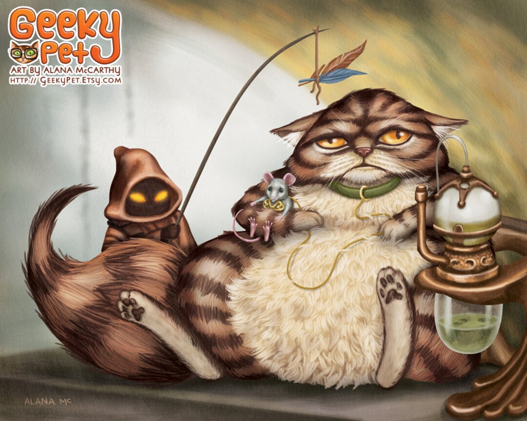 Chonky Space Cat - 10x8 Art Print - Large Cat Holding Bikini Mouse