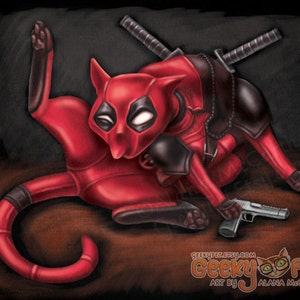 May include: A red and black cat dressed as Deadpool, with a gun and two swords. The cat is lying on its side with its head turned to the left. The background is black.