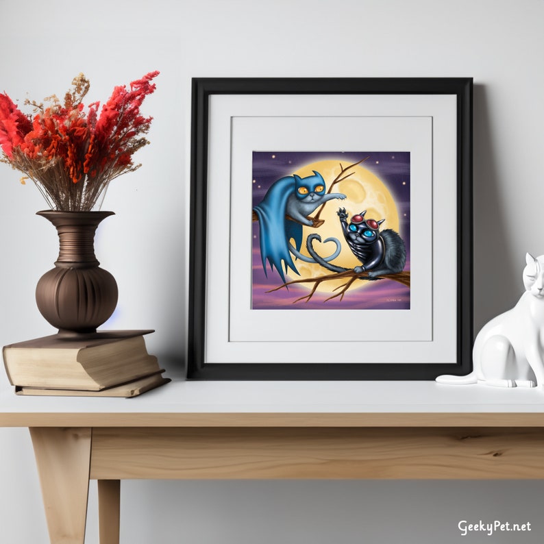 Superhero kitties 8x8 art print Superheroes having a love hate relationship in front of a full moon image 2