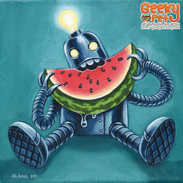 Robowatermelon - 8 x 8 art print - funky retro robot eating watermelon teal blue pink