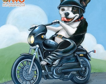 Biker Dog - 8 x 8" art print - Boston Terrier on a motorcycle