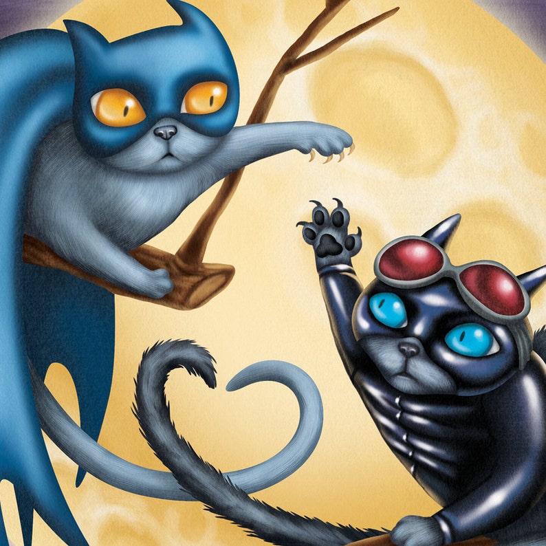 Superhero kitties 8x8 art print Superheroes having a love hate relationship in front of a full moon image 3