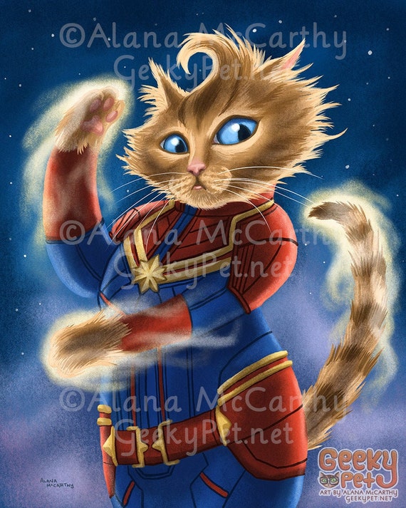 Captain Marvel Cat 8 X 10 Art Print Captain Marvel as a Etsy