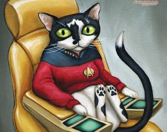 Sci-fi Captain Cat - Watercolor 8x8" - This Cat reigns supreme in the captain's chair