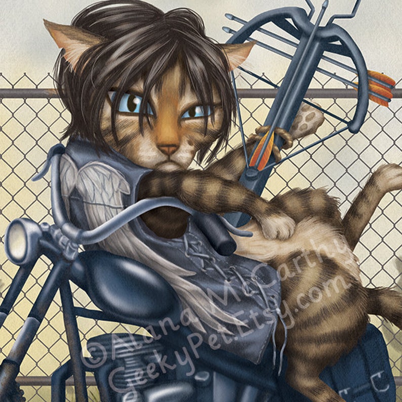 Darryl Cat 10x8 art print Darryl resting on his chopper motorcycle with his crossbow ready for zombies image 3