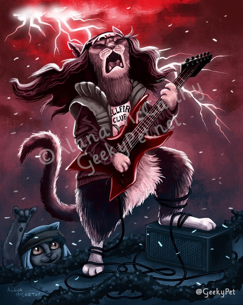 Strange Thangs Ed Cat 8x10 art print Rocking out image 1