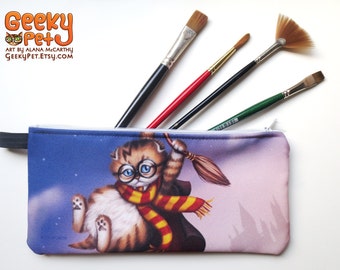 Wizard Kitten zippered pencil case 9" x 4"