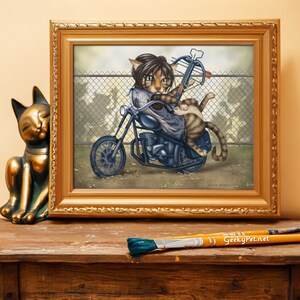 Darryl Cat 10x8 art print Darryl resting on his chopper motorcycle with his crossbow ready for zombies image 2