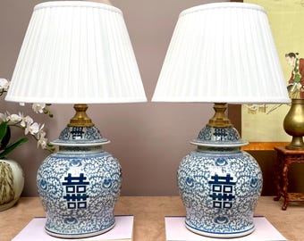 Single Large Blue White Ginger Jar Lamp - Double Happiness Porcelain Table Lamp - Intricate Chinoiserie Wedding Decor Luxury Artisan Crafted