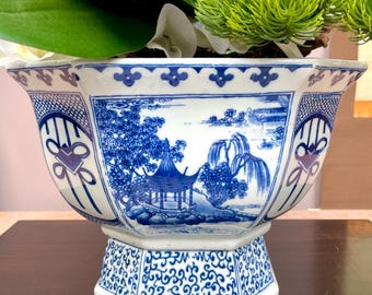Blue & White Hexagonal Footed Bowl Scenic Landscape Porcelain Centerpiece irregular hexagon Oriental Art Bowl Luxury Decorativ drainage opts