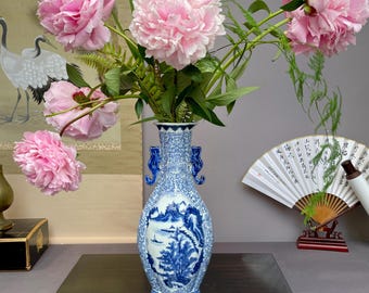 Blue and White Landscape Vase Ceramic Chinoiserie Baluster Vase Porcelain Temple Vase Oriental Mountain Scene Pottery Large Console Decors