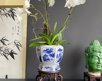 Blue and White Porcelain Planter Set | Hand-Crafted Chinoiserie Ceramic Cachepot | 2 Piece Decorative Plant Pot for Indoor Flowers