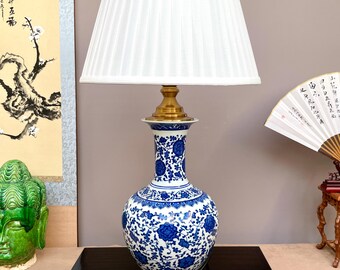 Blue and White Lotus Table Lamp, Hand Crafted Chinese Porcelain Baluster Light, Chinoiserie Home Decor, Rare Botanical Vase Lamp, Hampton