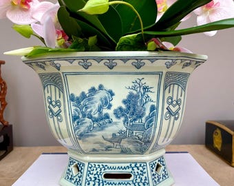 Vaso octogonal de porcelana chinesa azul e branca com orquídeas | Design de paisagem chinesa | Decoração elegante para casa