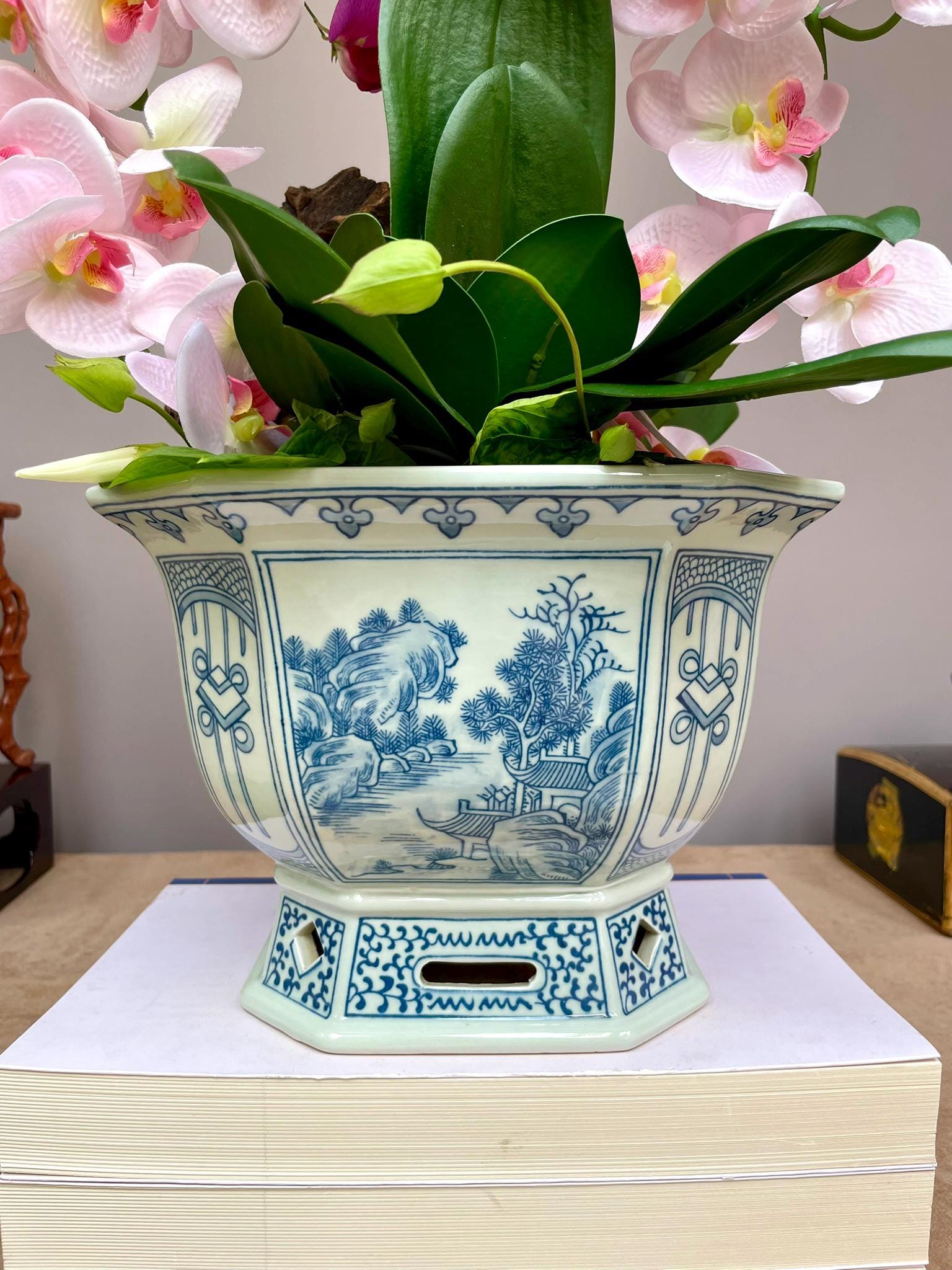 Blue and White Chinese Porcelain Orchid Octagonal Planter Chinese