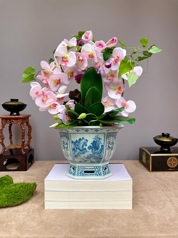 御本手 輪花 鉢 21cm Blue and White Chinese Porcelain Orchid Octagonal Planter Chinese