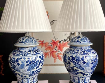 Blue & White Porcelain Table Lamp: Hand-Painted Phoenix Floral - Chinoiserie Decor extra wide body