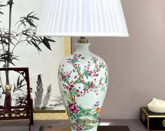 Grand 76cm Fencai Porcelain Table Lamp, Large Hand-Crafted Famille Rose Light, Chinoiserie Statement Decor, Botanical & Bird Motif decor