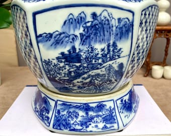 Blue and White Chinese Porcelain Planter with Stand | Hand-Painted Landscape Scene | Oriental Home Decor | Ming Style Ceramic Pots