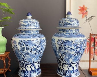 Pote de gengibre artesanal em porcelana azul e branca, extra largo, com 44 cm de diâmetro | Pote para templo com vibrantes pássaros e flores da natureza, com tampa abaulada.